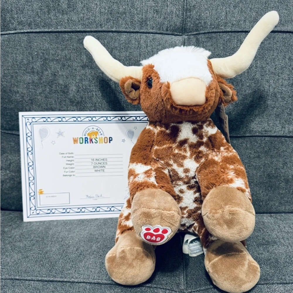 Build a Bear Texas Longhorn II Spotted Cow Steer With Birth Certificate NWT